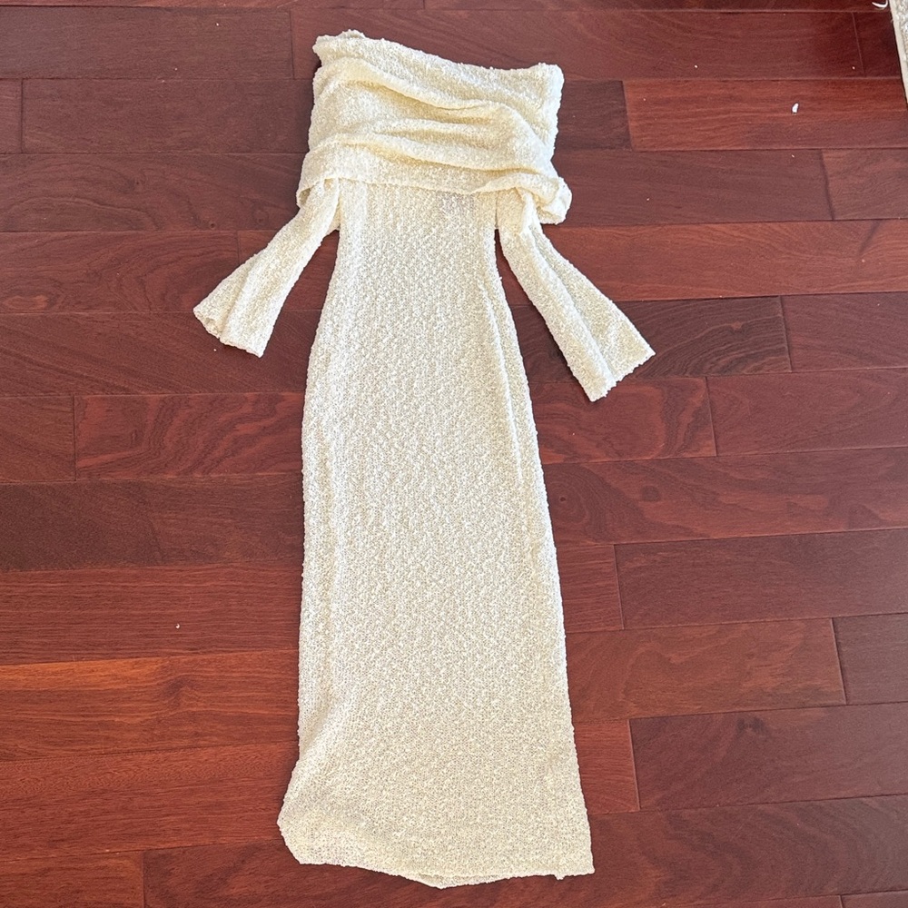 Off-Shoulder Ivory Knit Maxi Dress